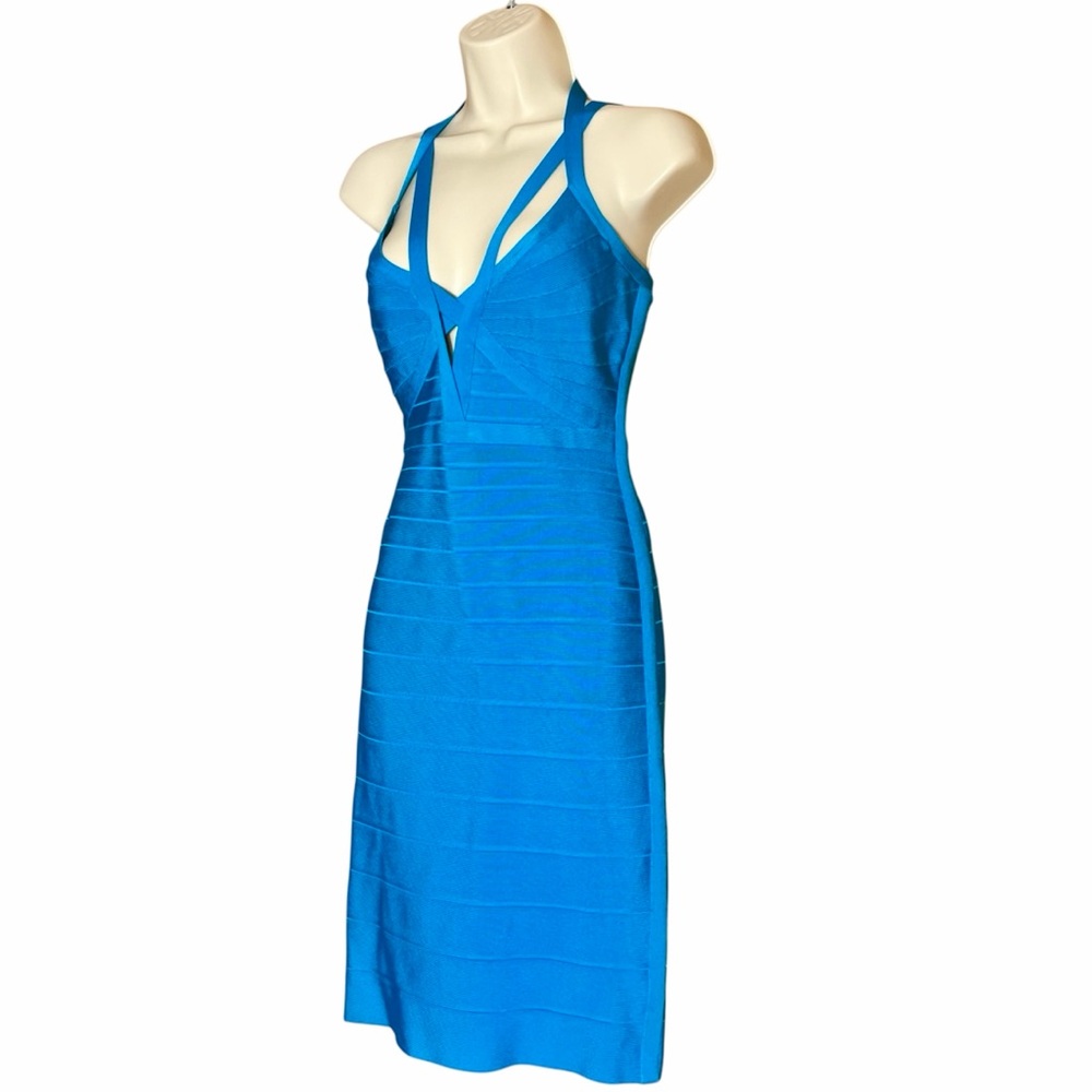 NWT Herve Leger LUCEE Bandage Dress Halter Cutouts Turquoise Max Azria M Bodycon - Picture 3 of 13